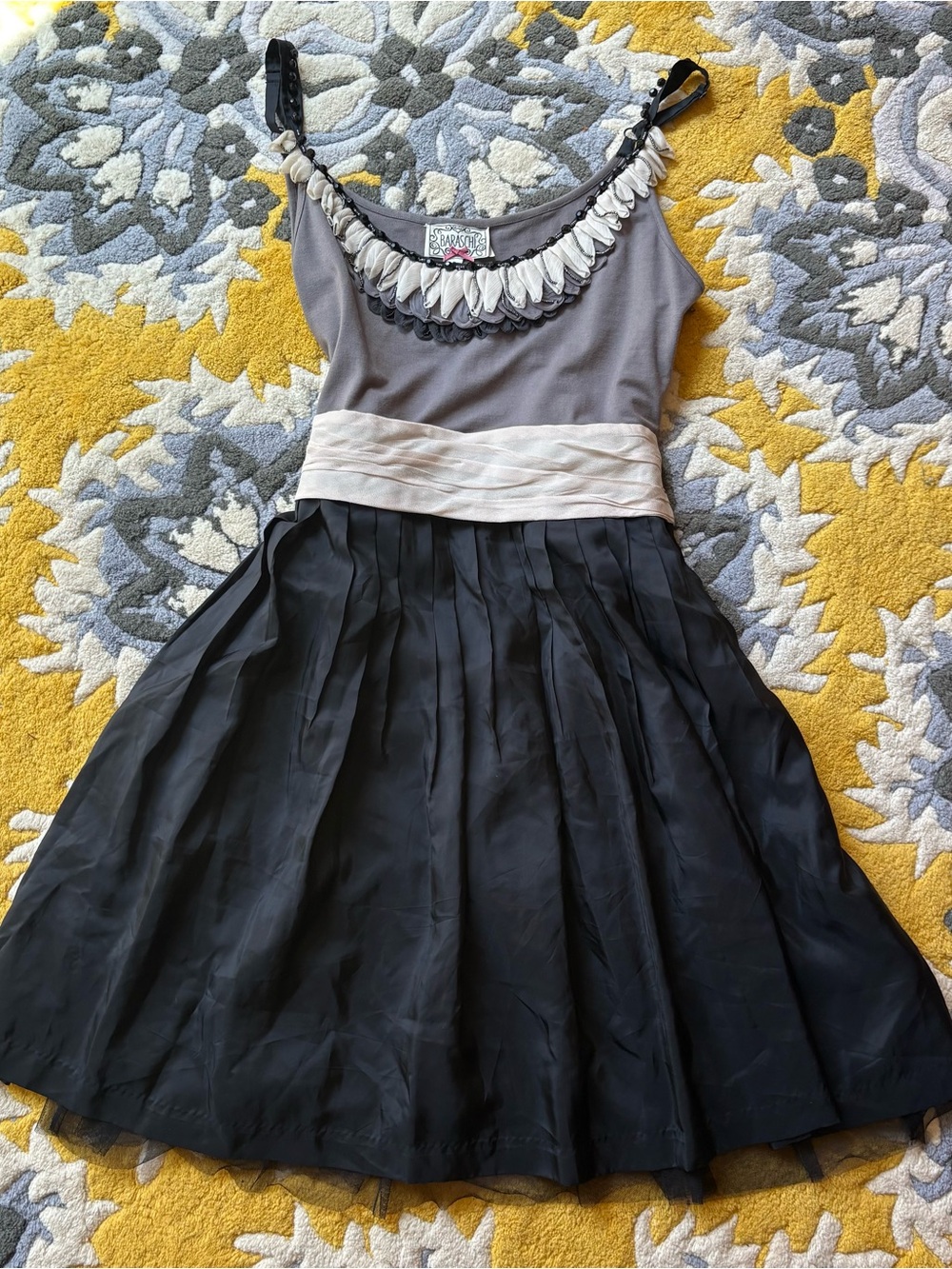 Baraschi Vintage Grey and Black Cocktail Dress with Cream Waist